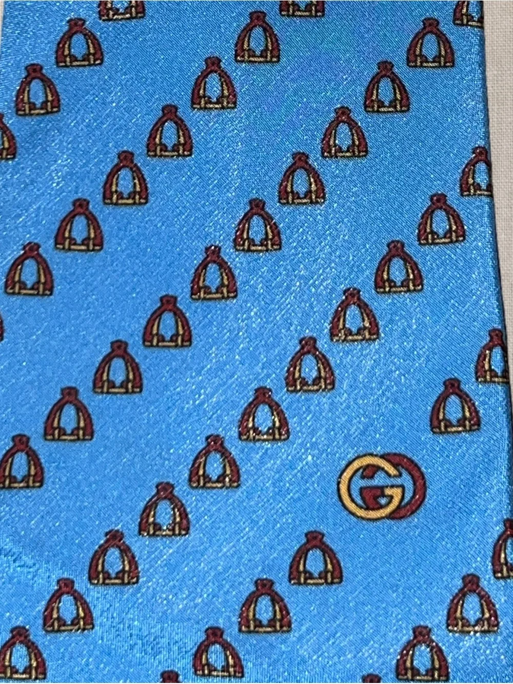 Vintage Gucci Silk Tie Blue Equestrian Stirrup Pattern Double G Logo